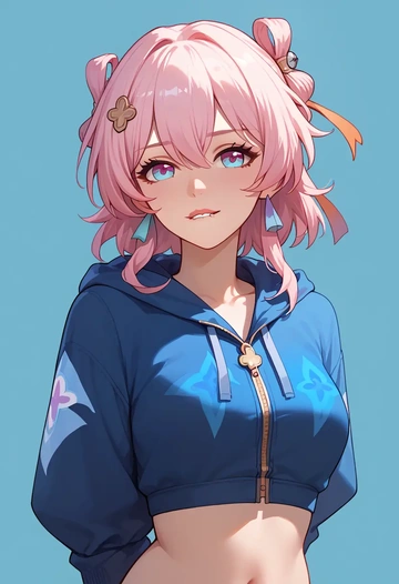 star rail,march 7th,crop hoodie,shorts  - AI generated anime art